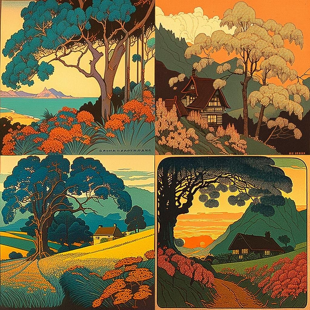 Gustave Baumann style, Midjourney V4, render 1 of 4