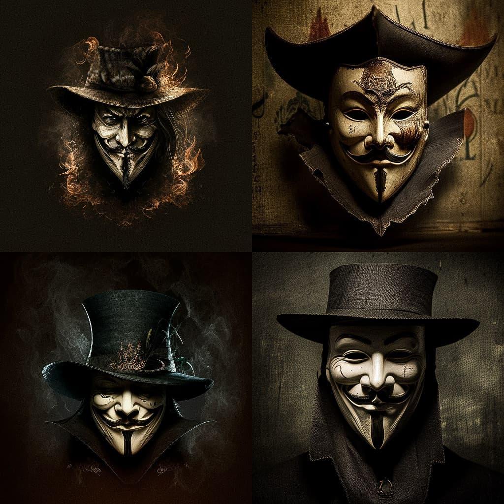 Guy Fawkes mask style, Midjourney V4, render 1 of 4