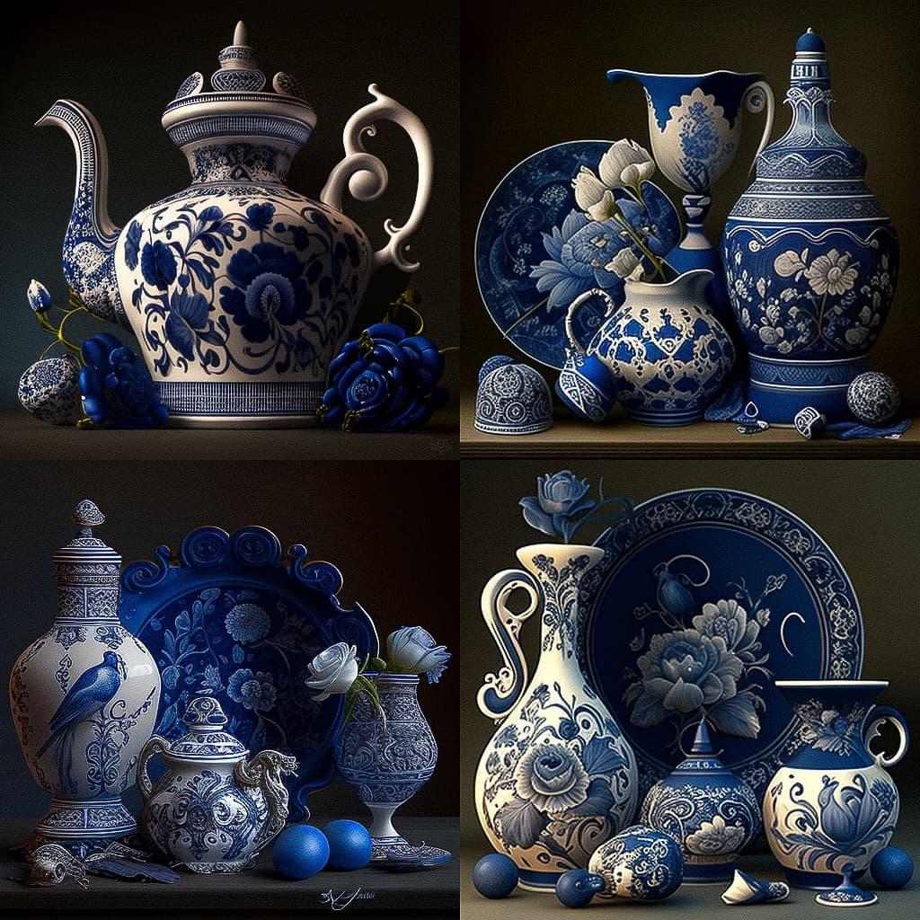 Gzhel ceramic style, Midjourney V4, render 1 of 4