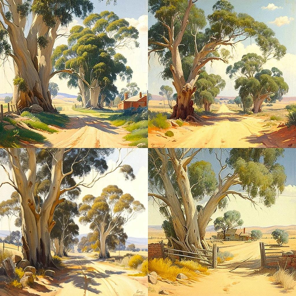 Hans Heysen style, Midjourney V4, render 1 of 4