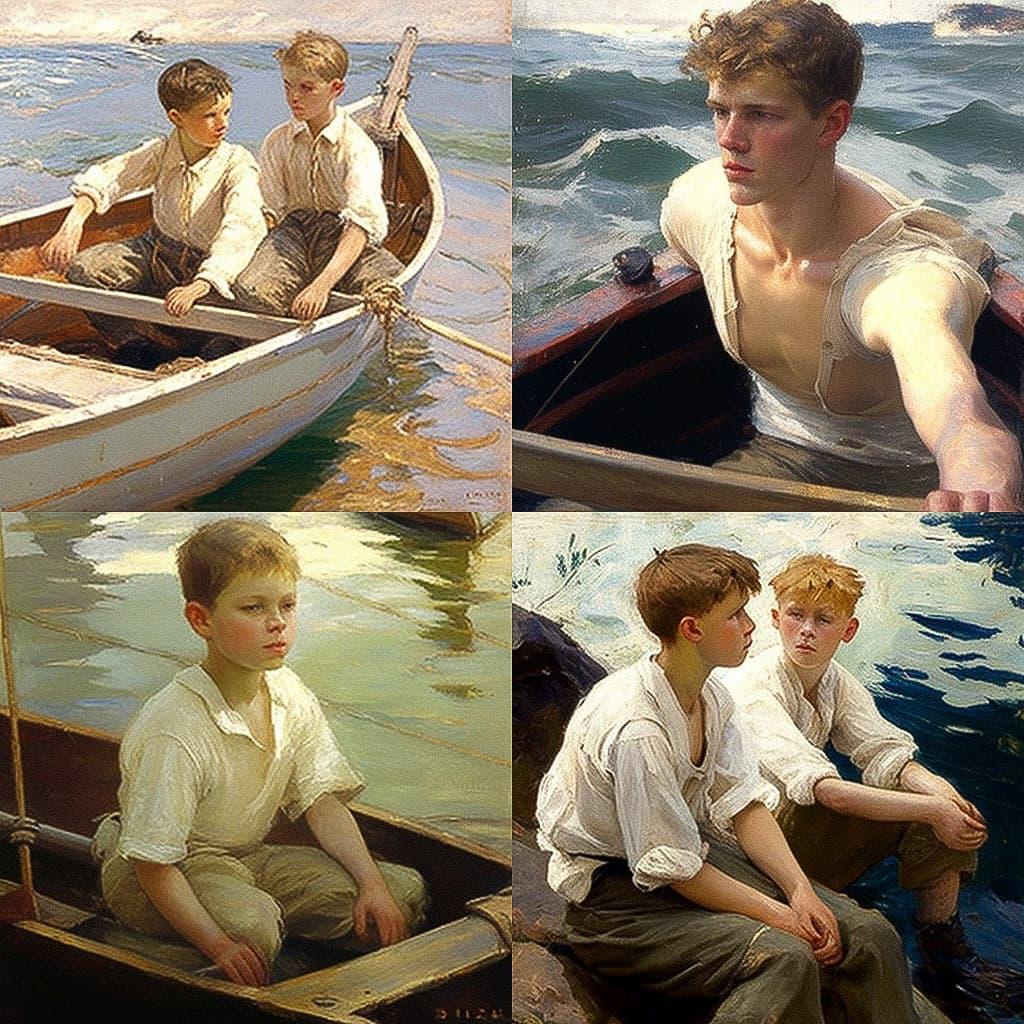 Henry Scott Tuke style, Midjourney V4, render 1 of 4