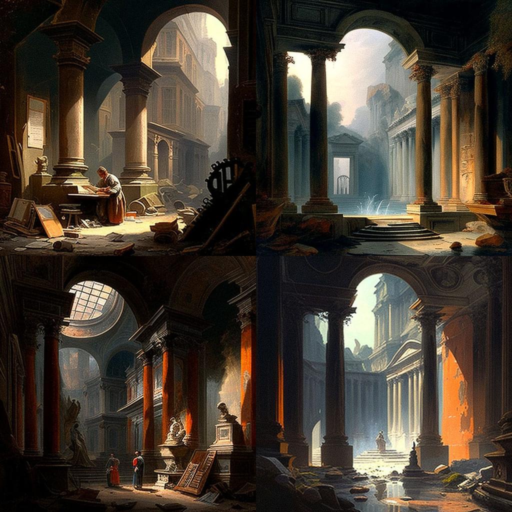 Hubert Robert style, Midjourney V4, render 1 of 4