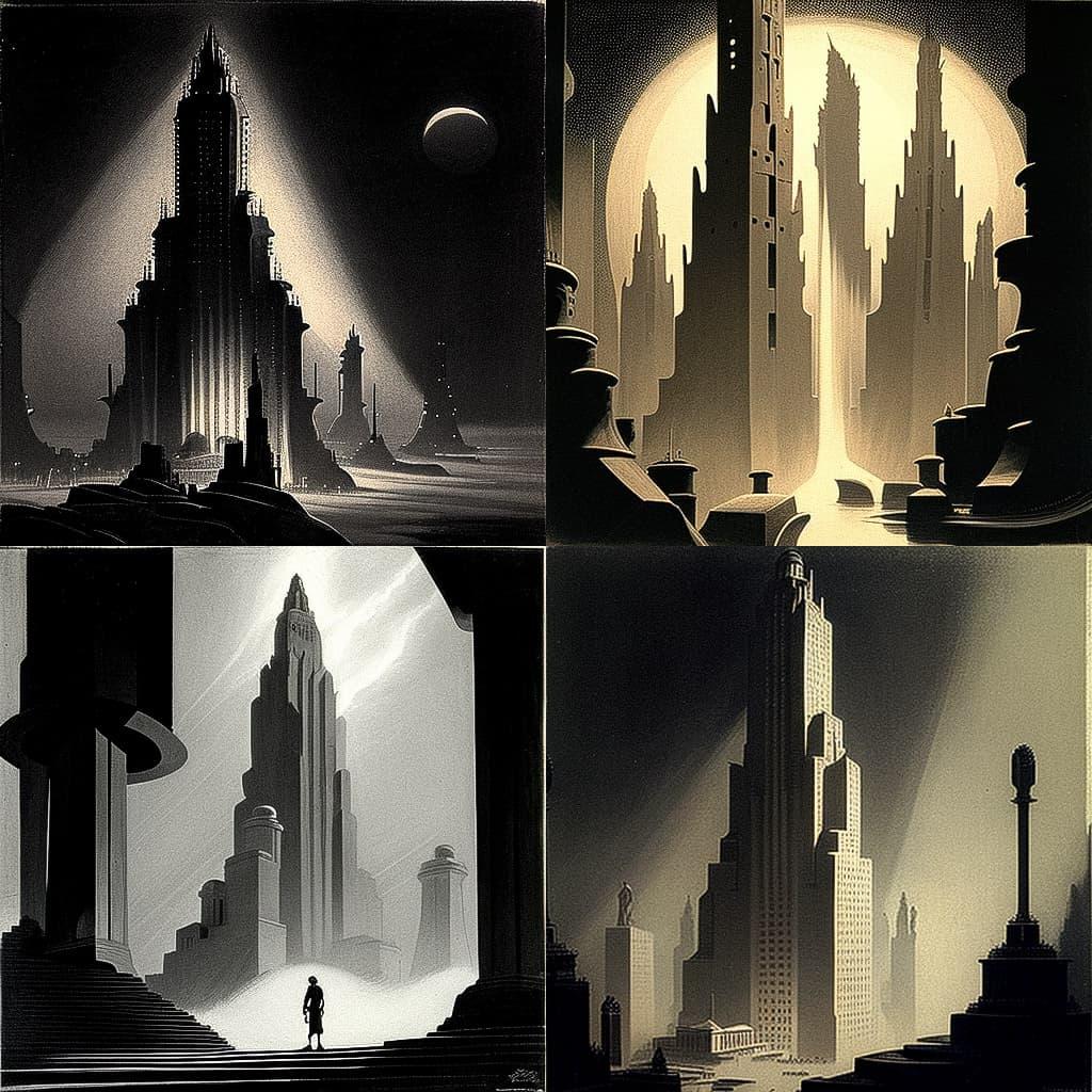 Hugh Ferriss style, Midjourney V4, render 1 of 4