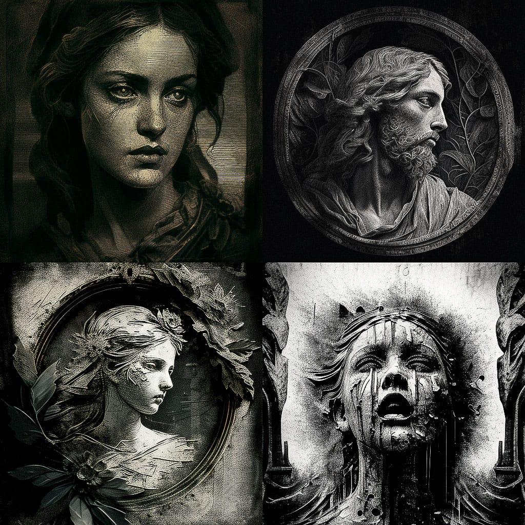 Intaglio style, Midjourney V4, render 1 of 4