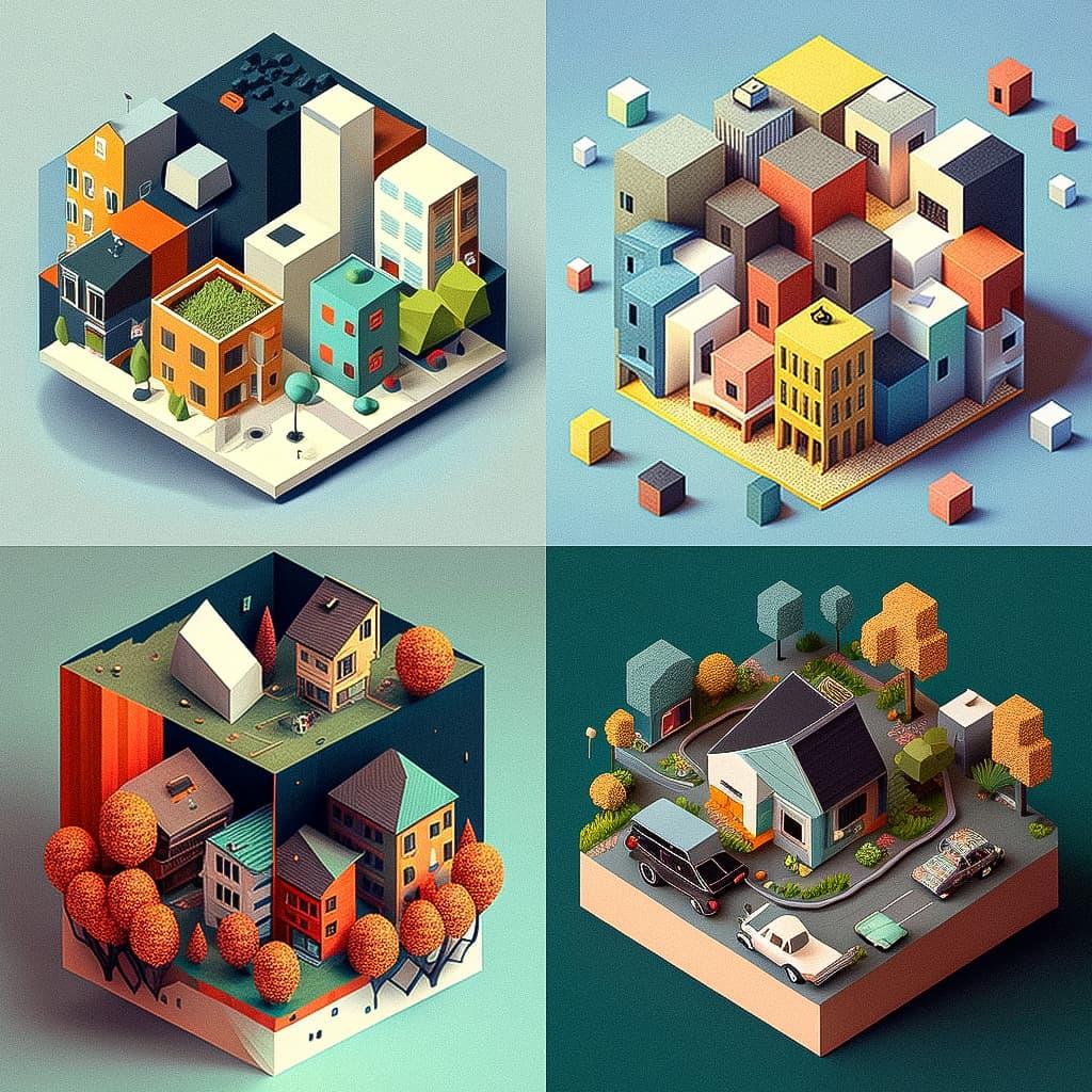 Isometric projection style, Midjourney V4, render 1 of 4
