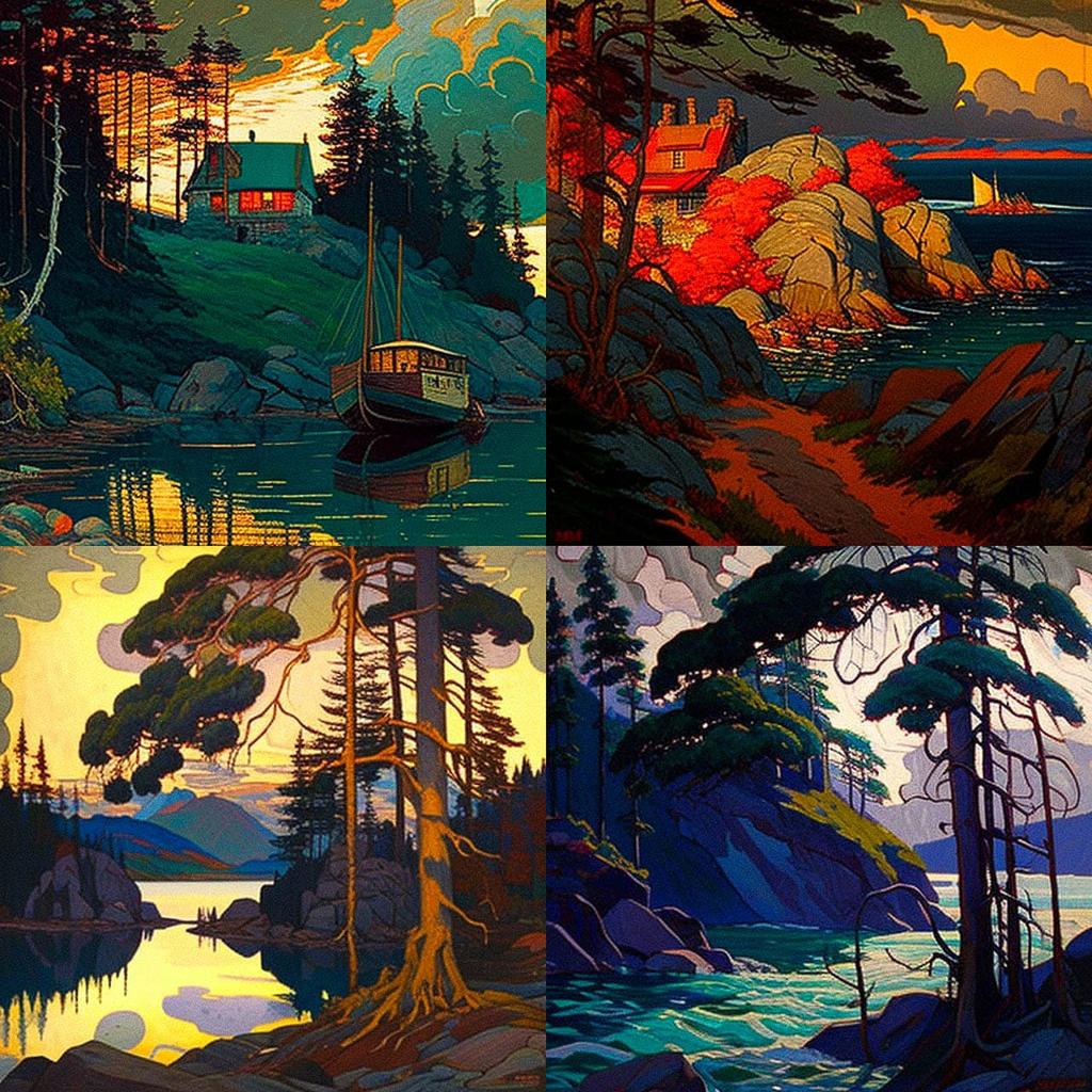 J. E. H. MacDonald style, Midjourney V4, render 1 of 4