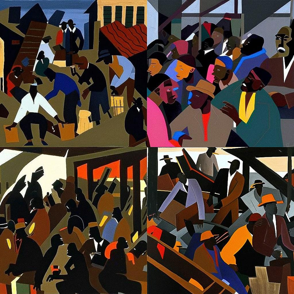 Jacob Lawrence style, Midjourney V4, render 1 of 4
