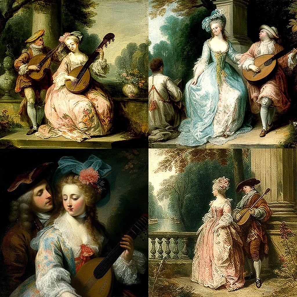 Jean-Antoine Watteau style, Midjourney V4, render 1 of 4