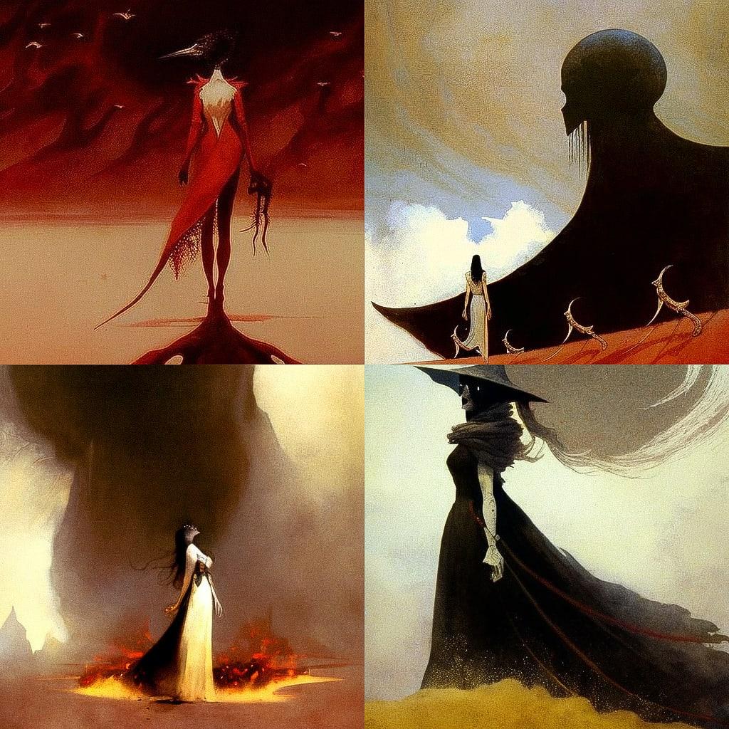 Jeffrey Catherine Jones style, Midjourney V4, render 1 of 4