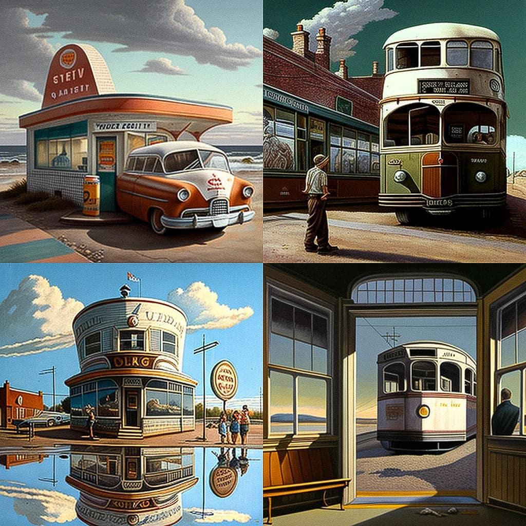 Jeffrey Smart style, Midjourney V4, render 1 of 4