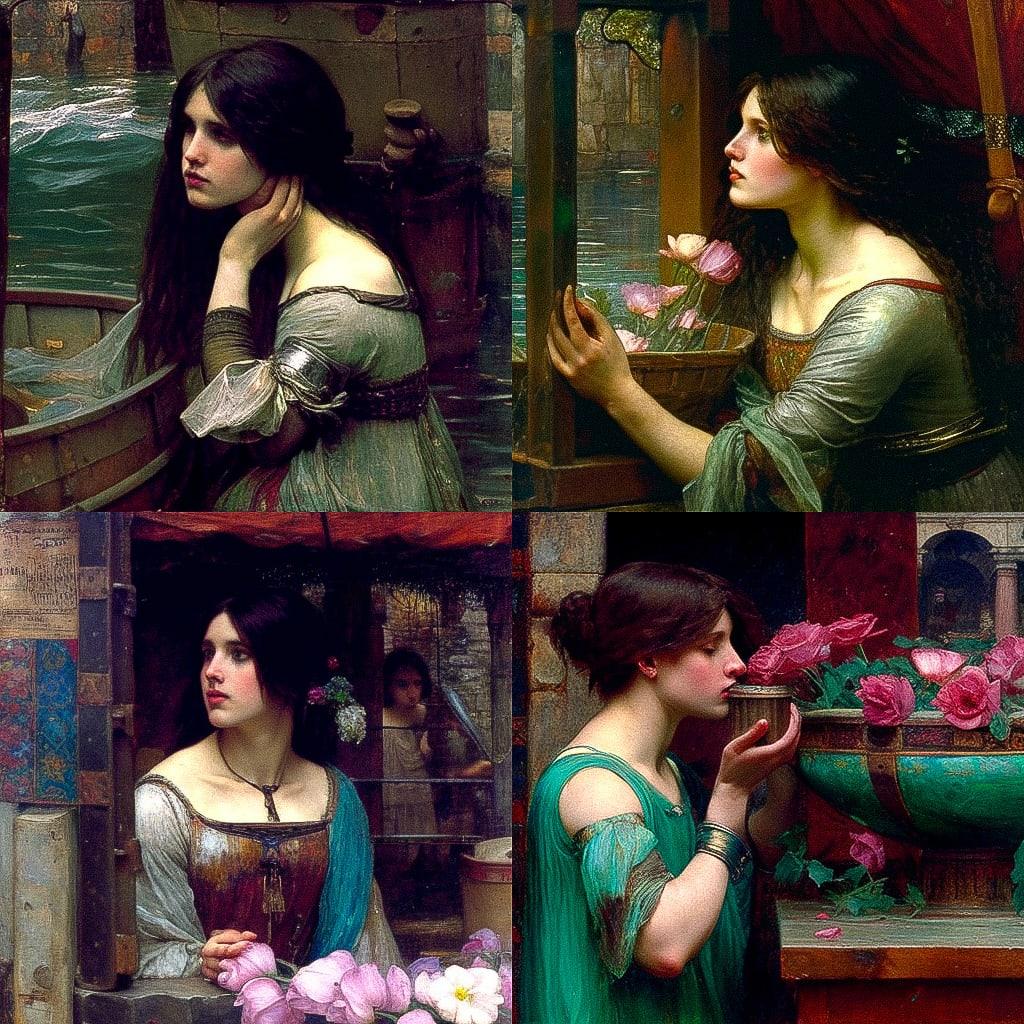 John William Waterhouse style, Midjourney V4, render 1 of 4
