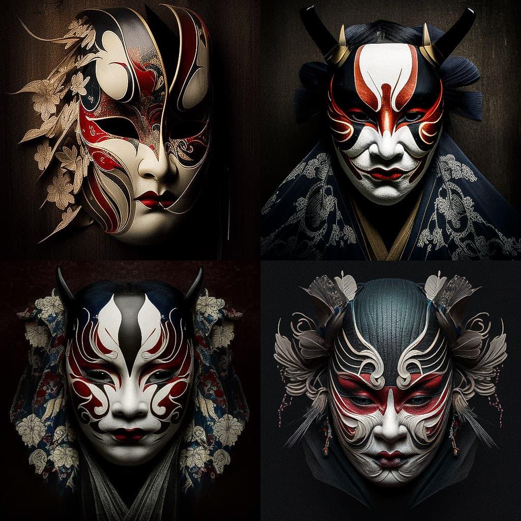 Kabuki mask style, Midjourney V4, render 1 of 4
