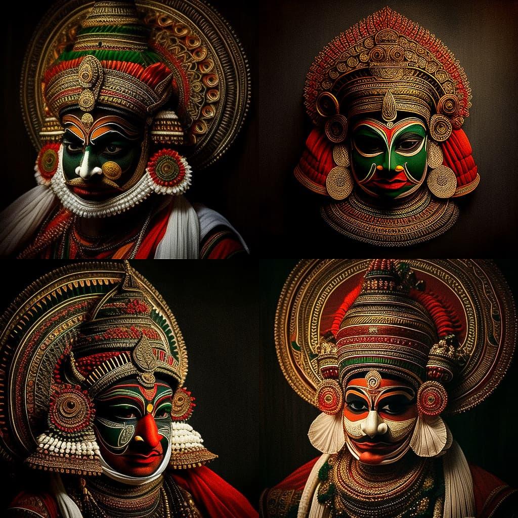Kathakali mask style, Midjourney V4, render 1 of 4