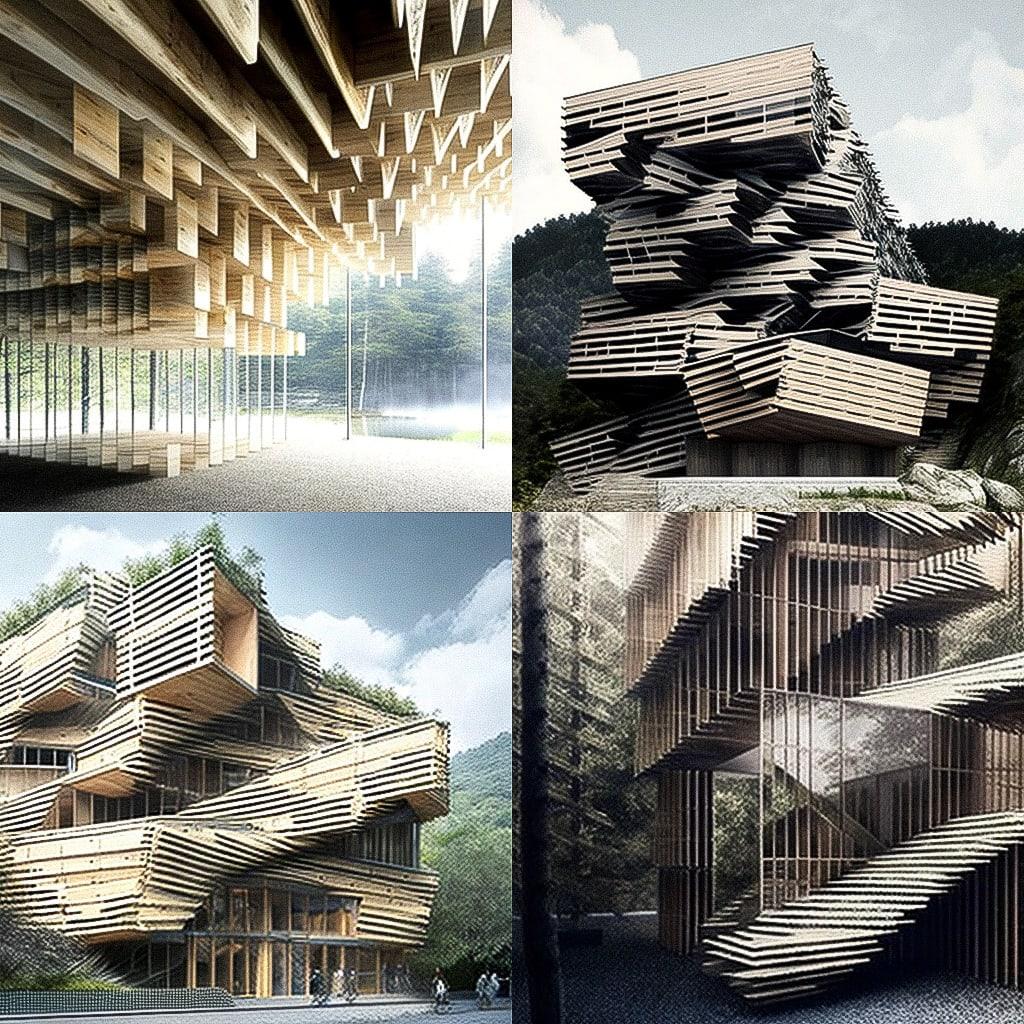 Kengo Kuma style, Midjourney V4, render 1 of 4