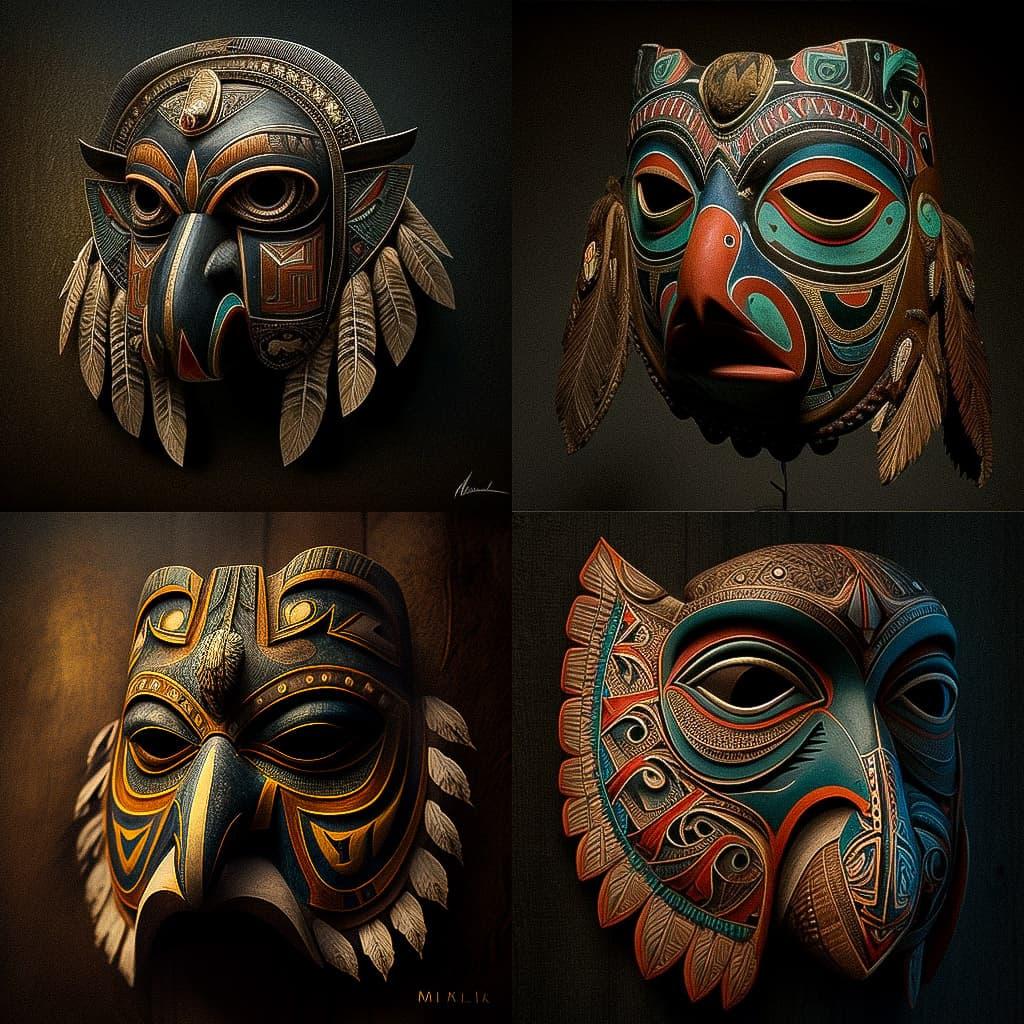 Kwakiutl mask style, Midjourney V4, render 1 of 4