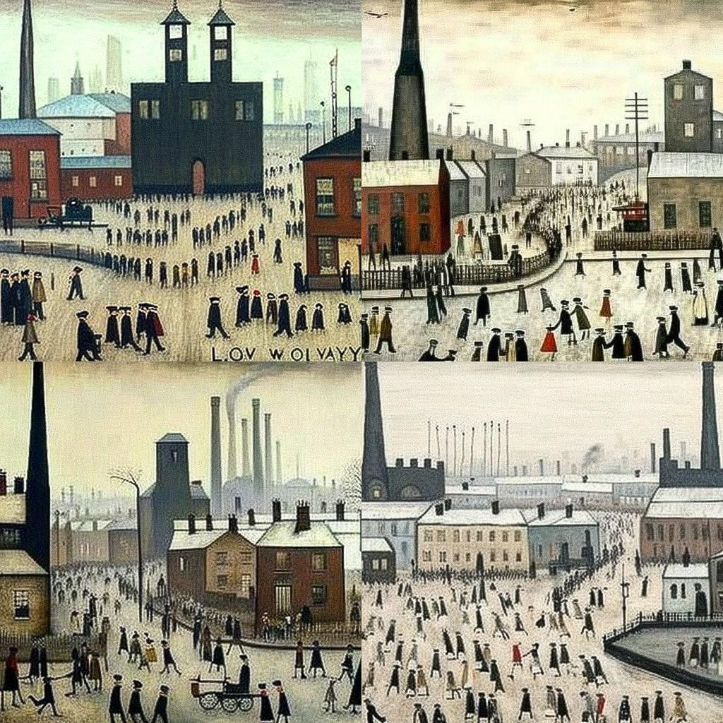 L. S. Lowry style, Midjourney V4, render 1 of 4