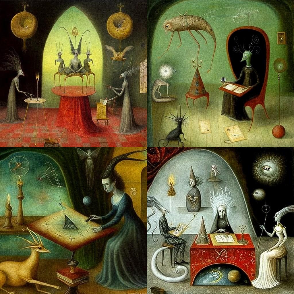 Leonora Carrington style, Midjourney V4, render 1 of 4