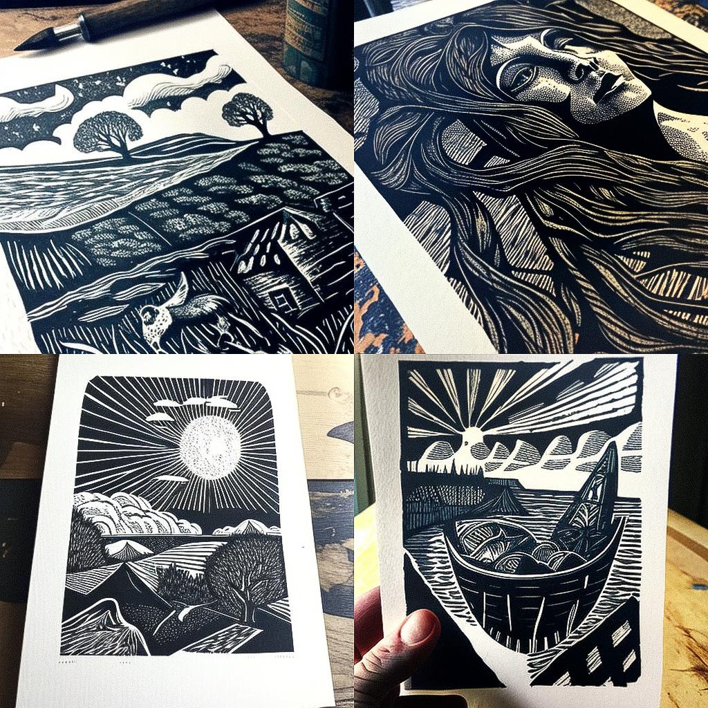 Linocut print style, Midjourney V4, render 1 of 4