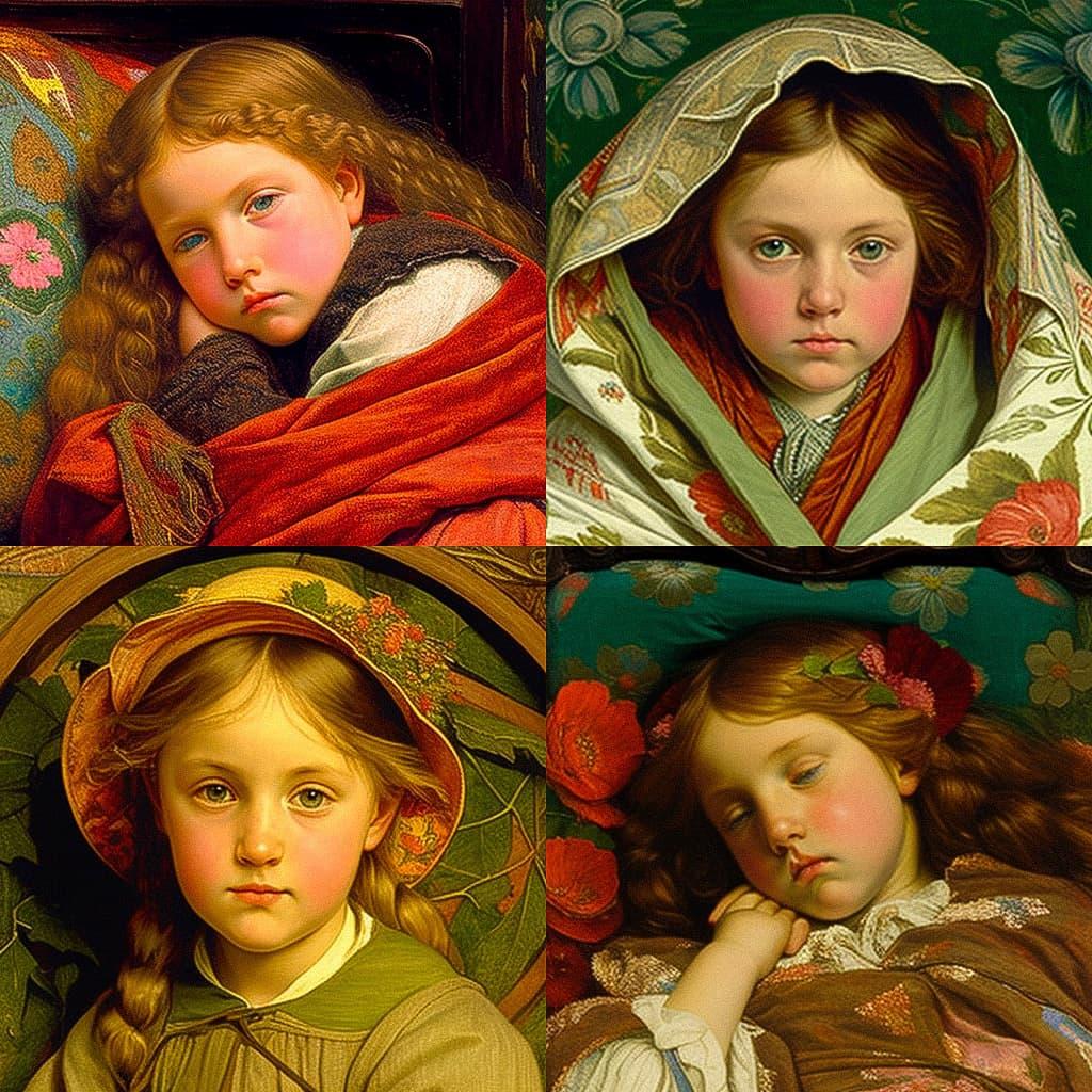 Lucy Madox Brown style, Midjourney V4, render 1 of 4