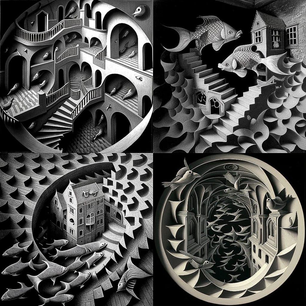M. C. Escher style, Midjourney V4, render 1 of 4