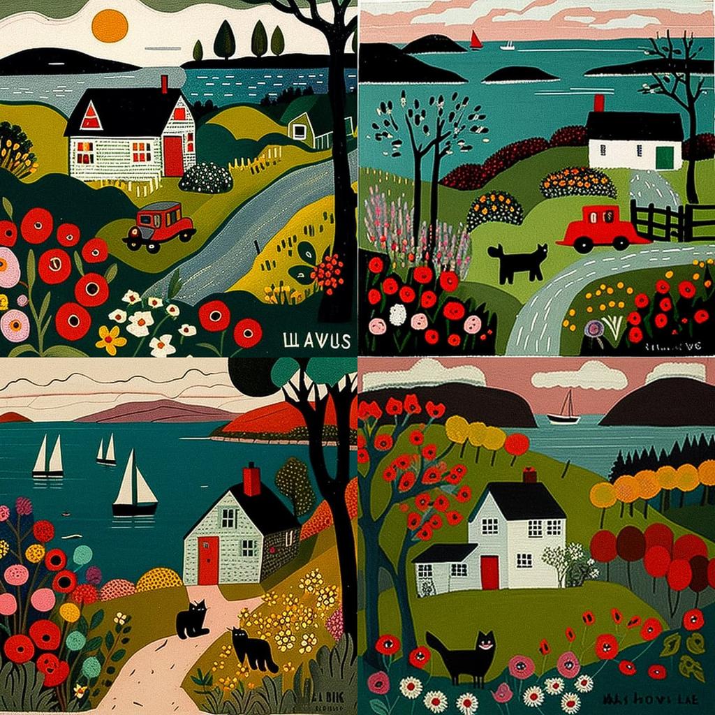 Maud Lewis style, Midjourney V4, render 1 of 4