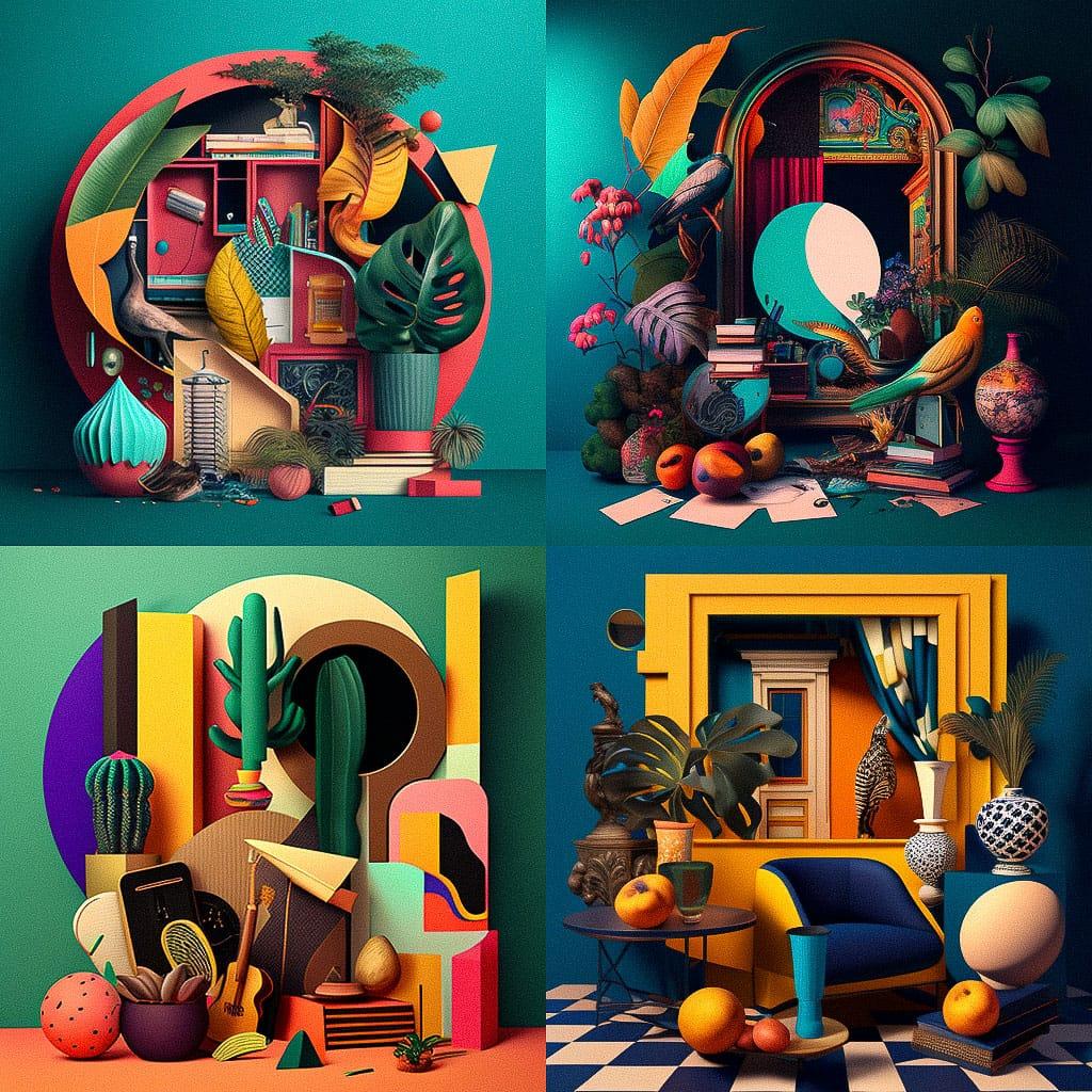 Maximalist composition style, Midjourney V4, render 1 of 4