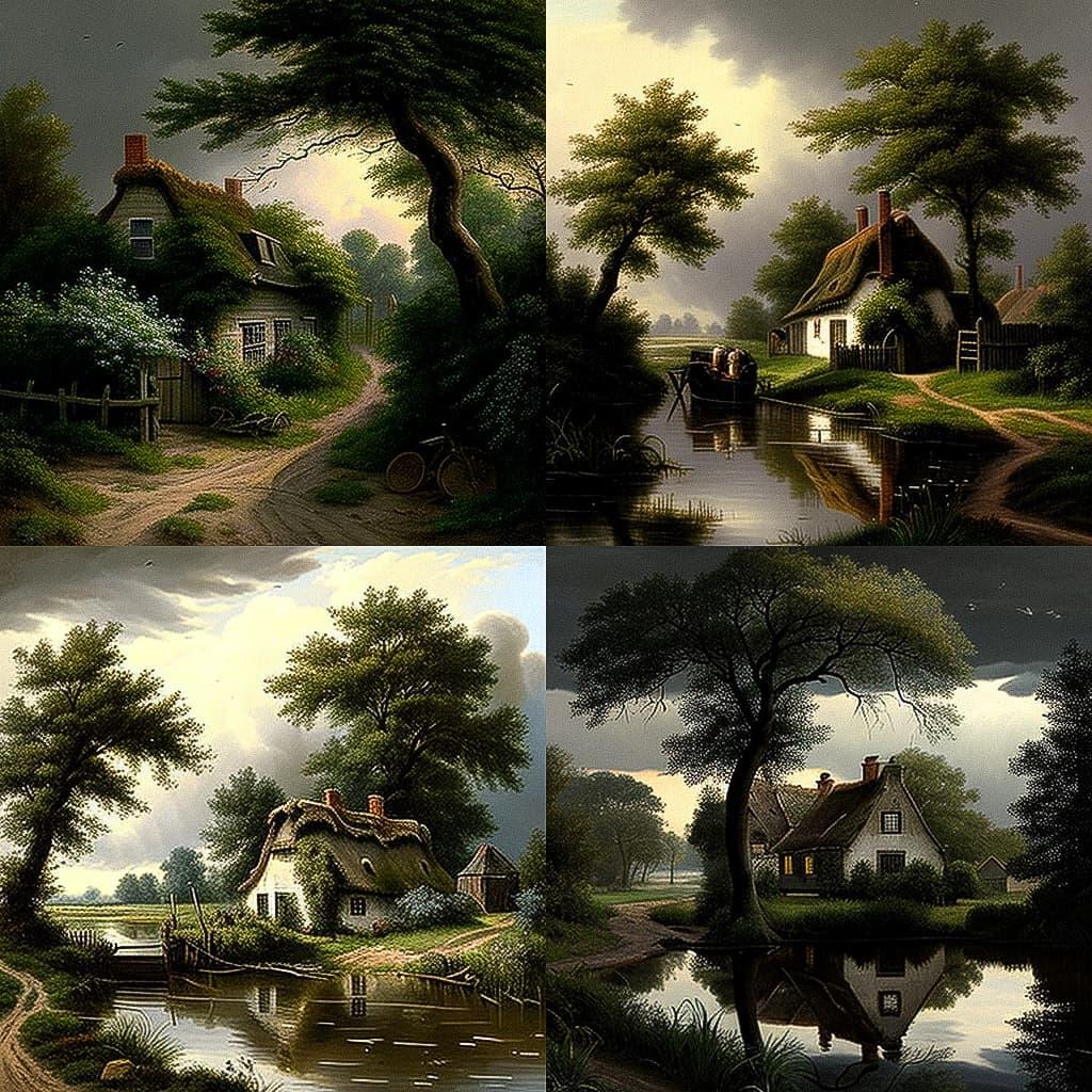 Meindert Hobbema style, Midjourney V4, render 1 of 4