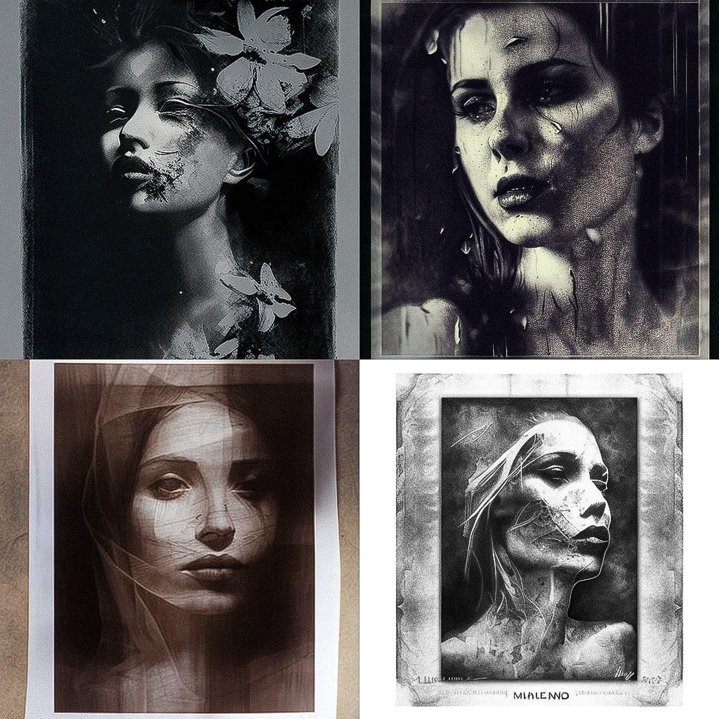 Melainotype print style, Midjourney V4, render 1 of 4