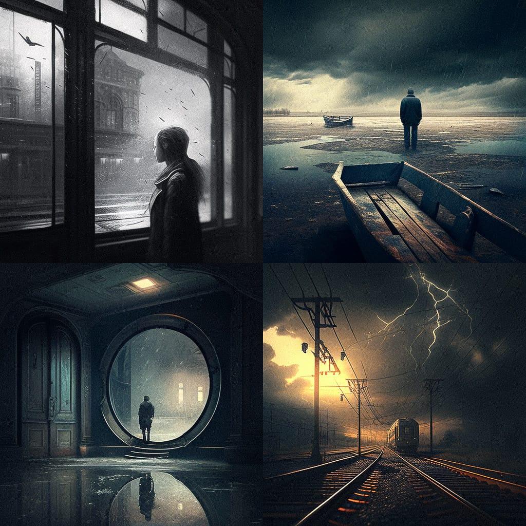 Melancholic atmosphere style, Midjourney V4, render 1 of 4