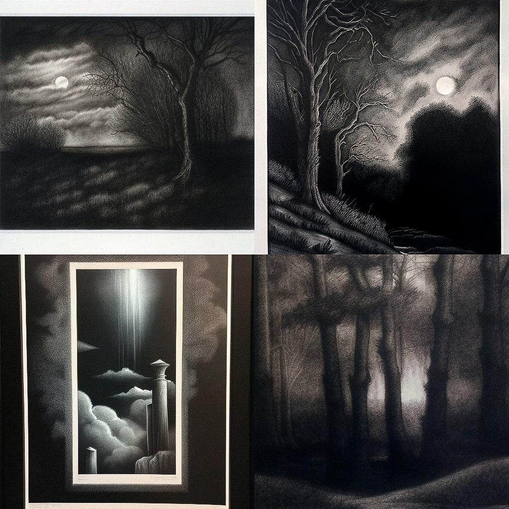 Mezzotint print style, Midjourney V4, render 1 of 4