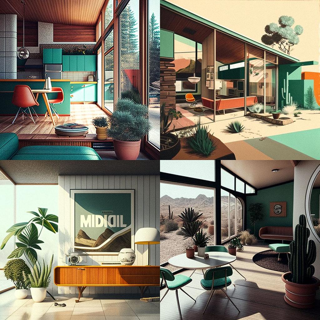 Mid-century modern style, Midjourney V4, render 1 of 4