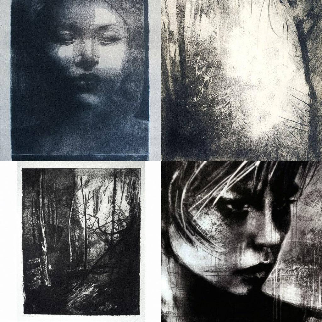 Monotype print style, Midjourney V4, render 1 of 4