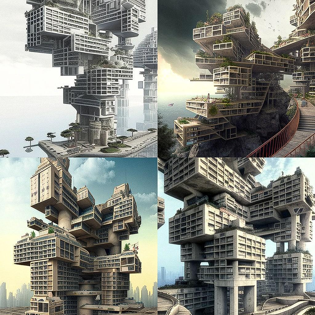 Moshe Safdie style, Midjourney V4, render 1 of 4