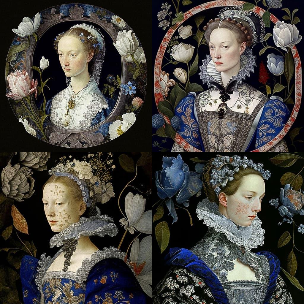 Nicholas Hilliard style, Midjourney V4, render 1 of 4