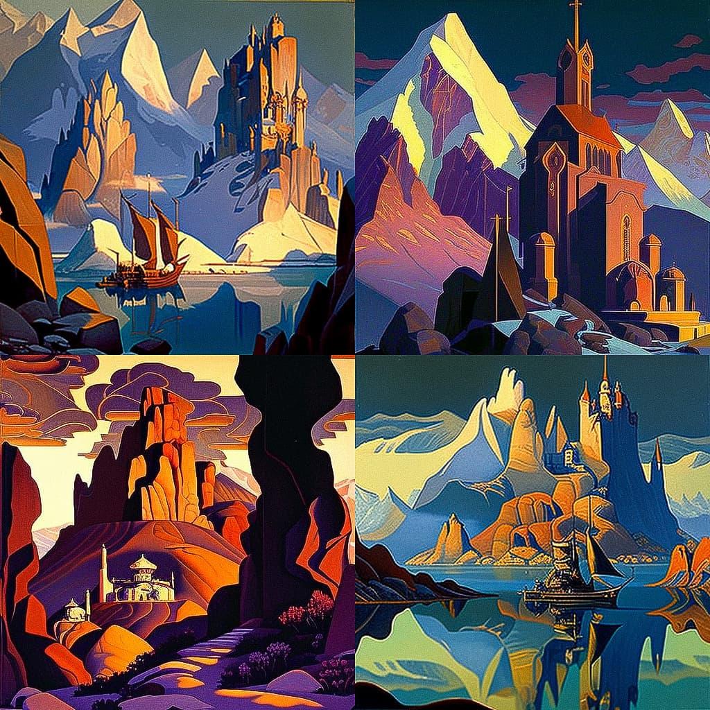 Nicholas Roerich style, Midjourney V4, render 1 of 4