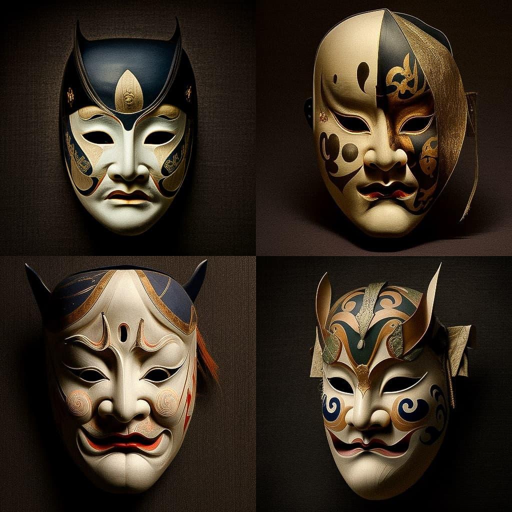 Noh Theater mask style, Midjourney V4, render 1 of 4