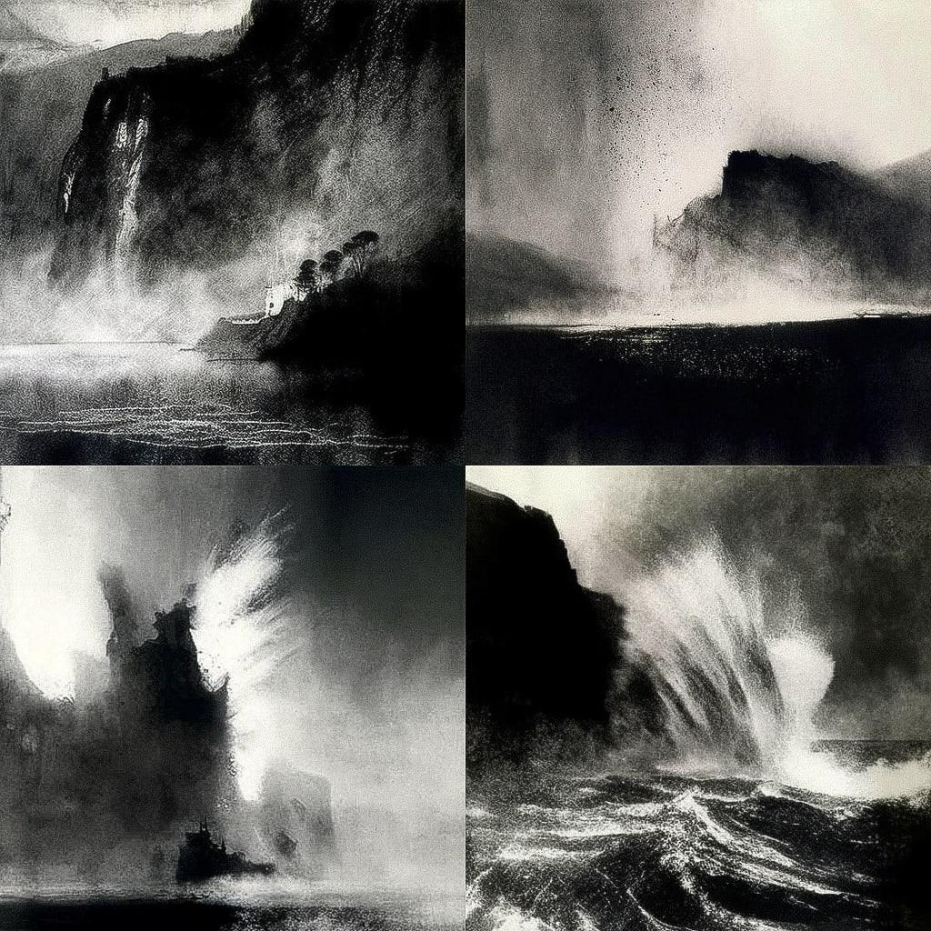Norman Ackroyd style, Midjourney V4, render 1 of 4