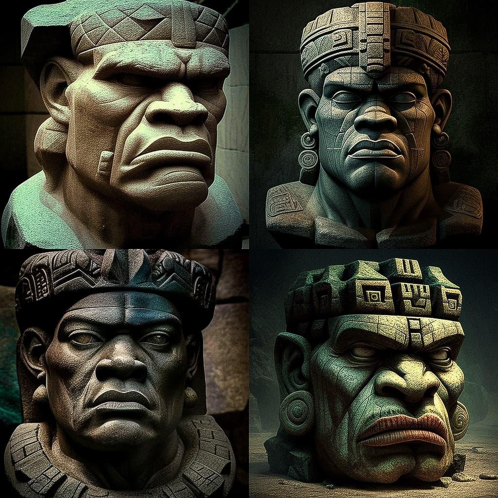 Olmec art style, Midjourney V4, render 1 of 4