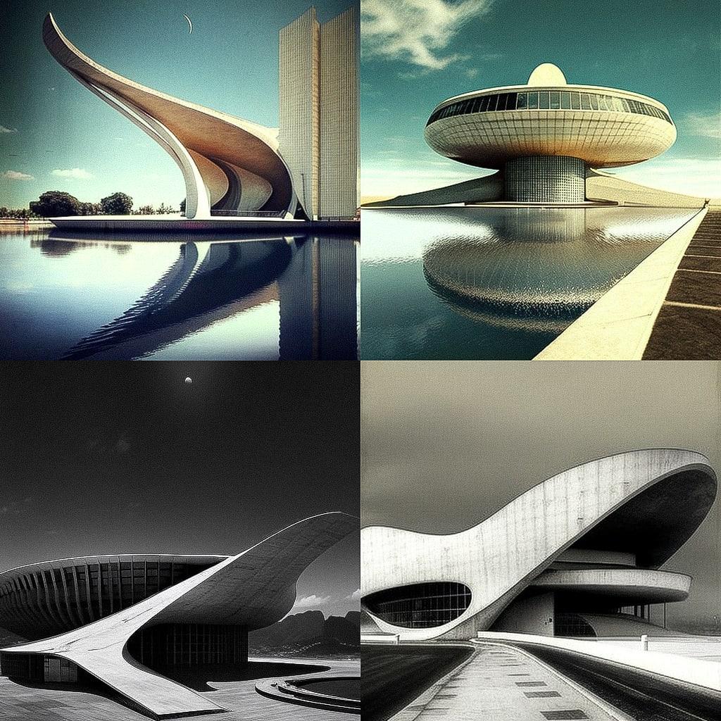 Oscar Niemeyer style, Midjourney V4, render 1 of 4