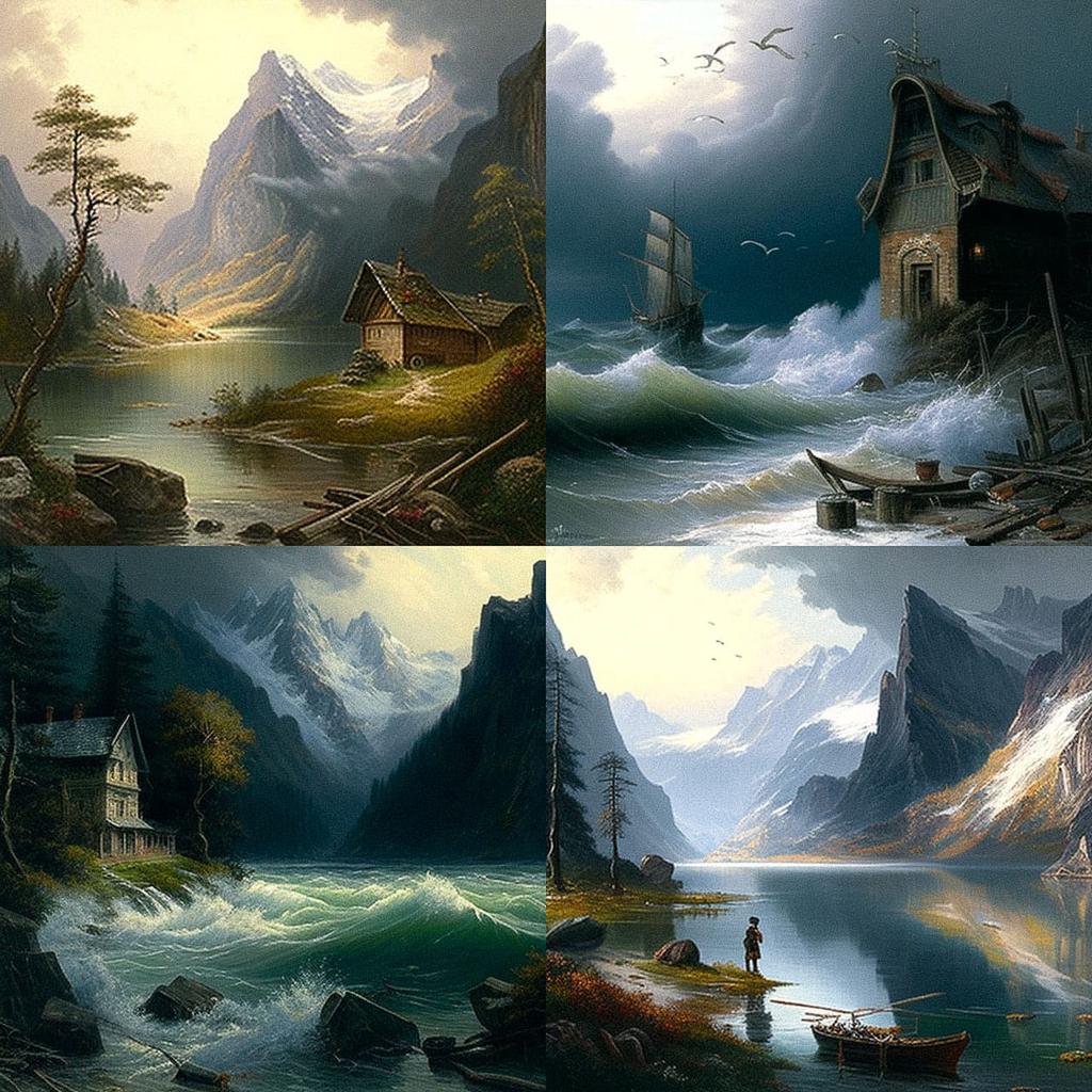 Oswald Achenbach style, Midjourney V4, render 1 of 4