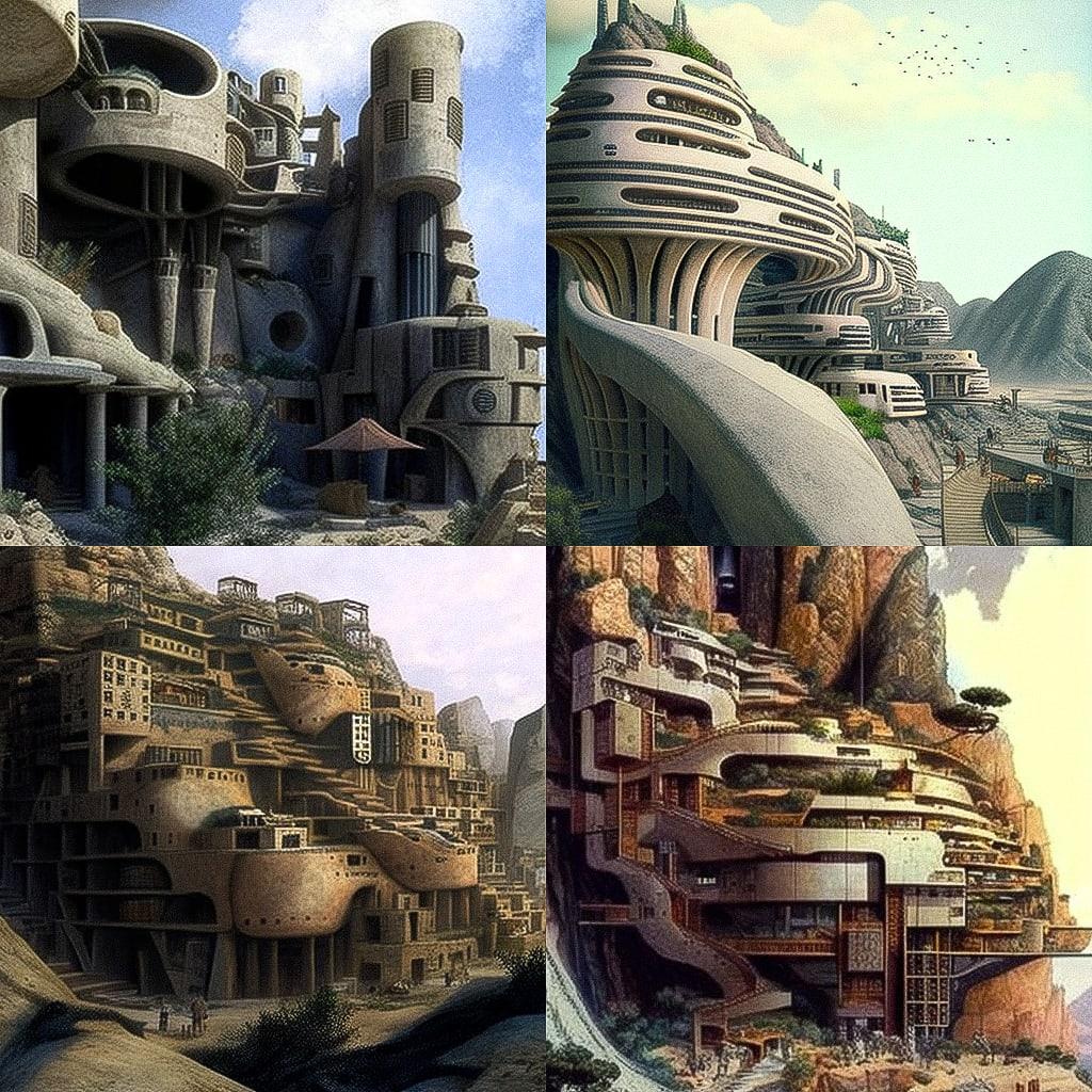Paolo Soleri style, Midjourney V4, render 1 of 4
