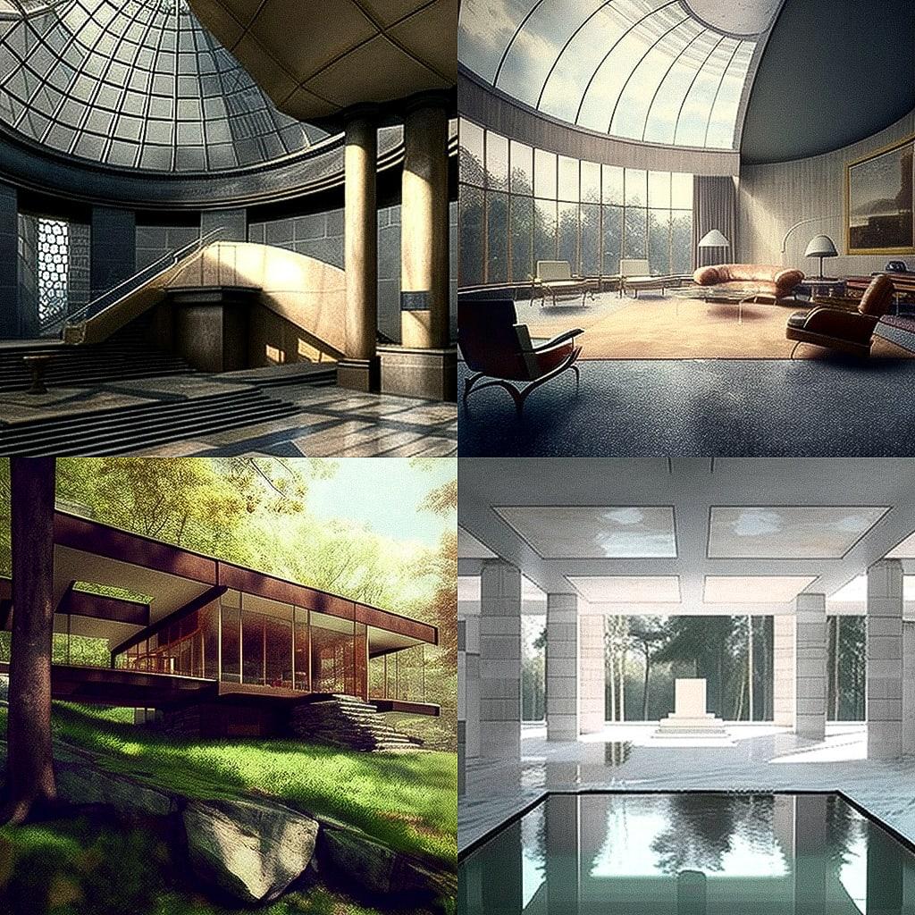 Philip Johnson style, Midjourney V4, render 1 of 4
