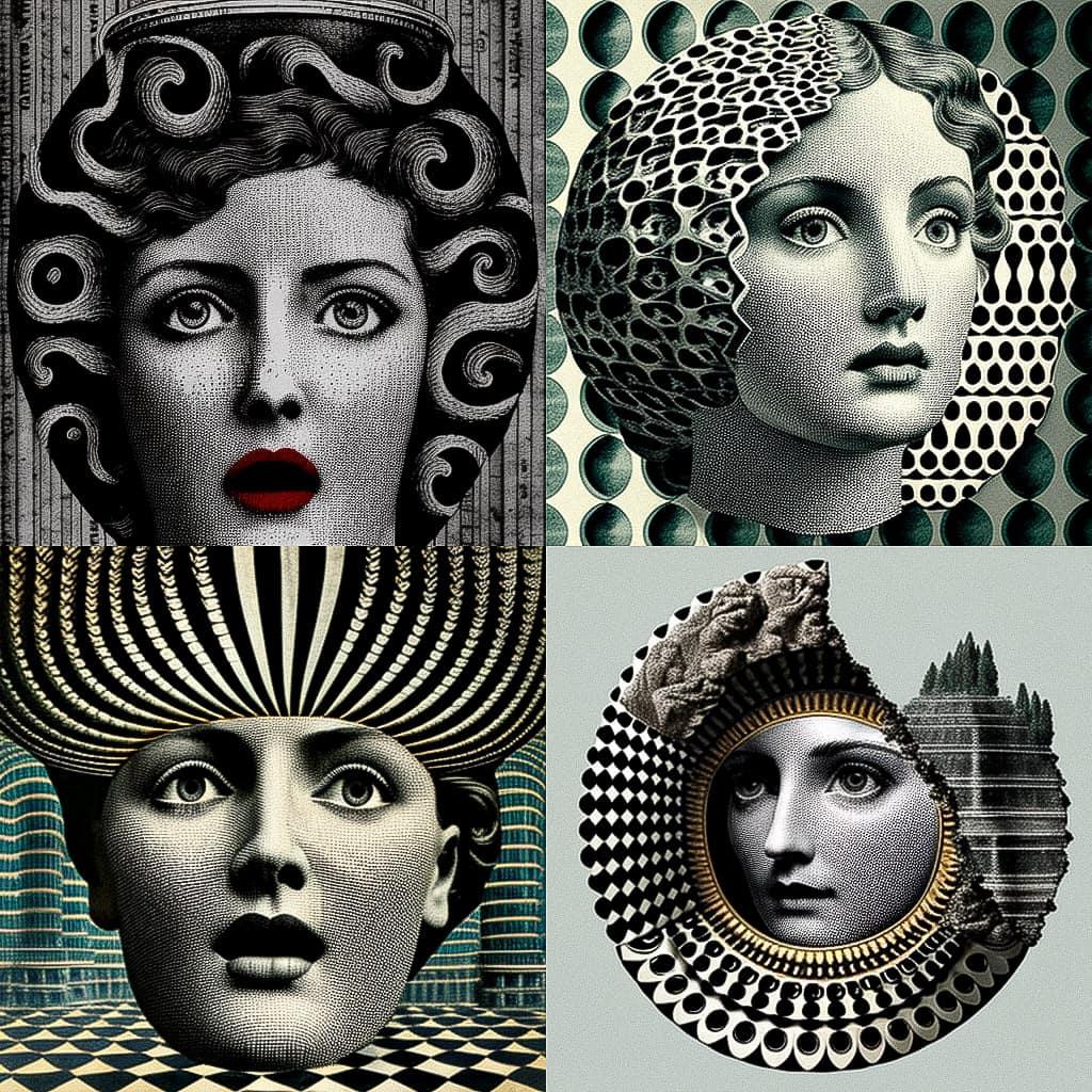 Piero Fornasetti style, Midjourney V4, render 1 of 4