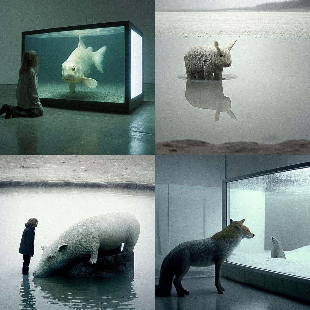 Pierre Huyghe style, Midjourney V4, render 1 of 4