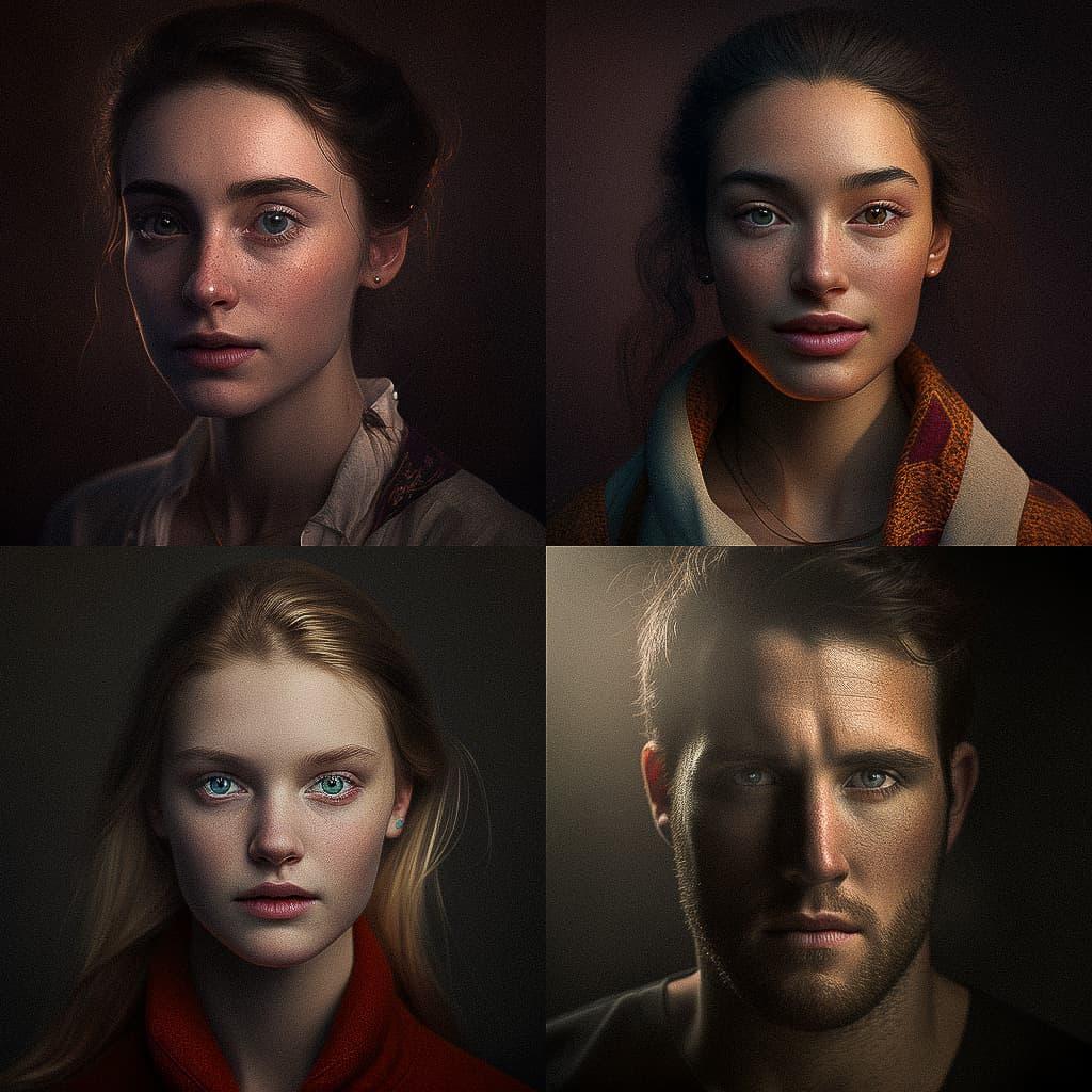 Portrait shot with bottom lighting style, Midjourney V4, render 1 of 4
