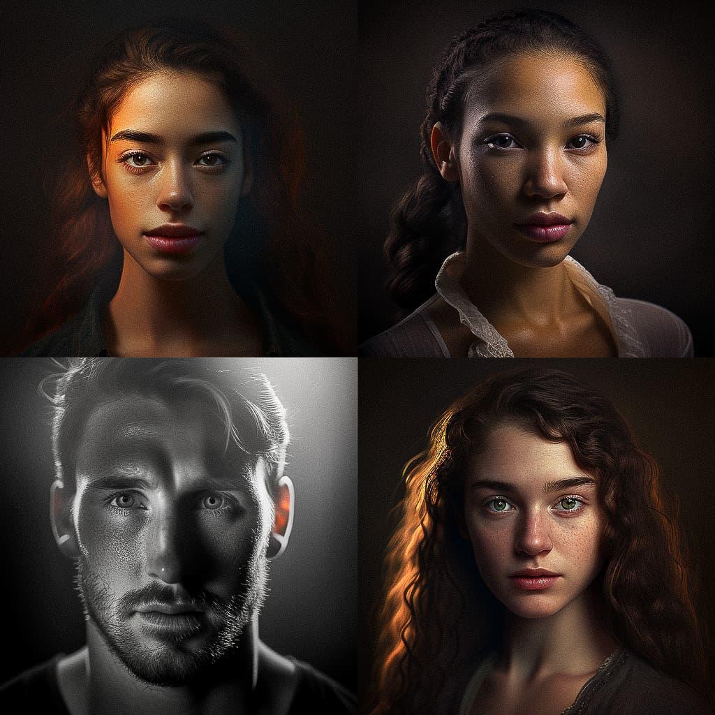 Portrait shot with contrasty lighting style, Midjourney V4, render 1 of 4
