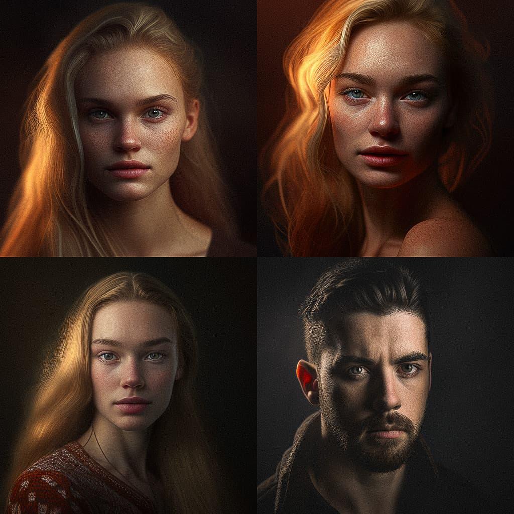 Portrait shot with hard lighting style, Midjourney V4, render 1 of 4
