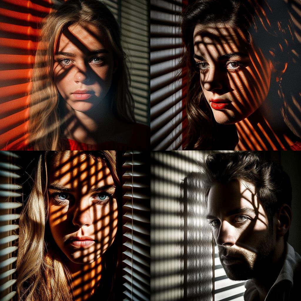 Portrait shot with light and shadow from window blinds style, Midjourney V4, render 1 of 4