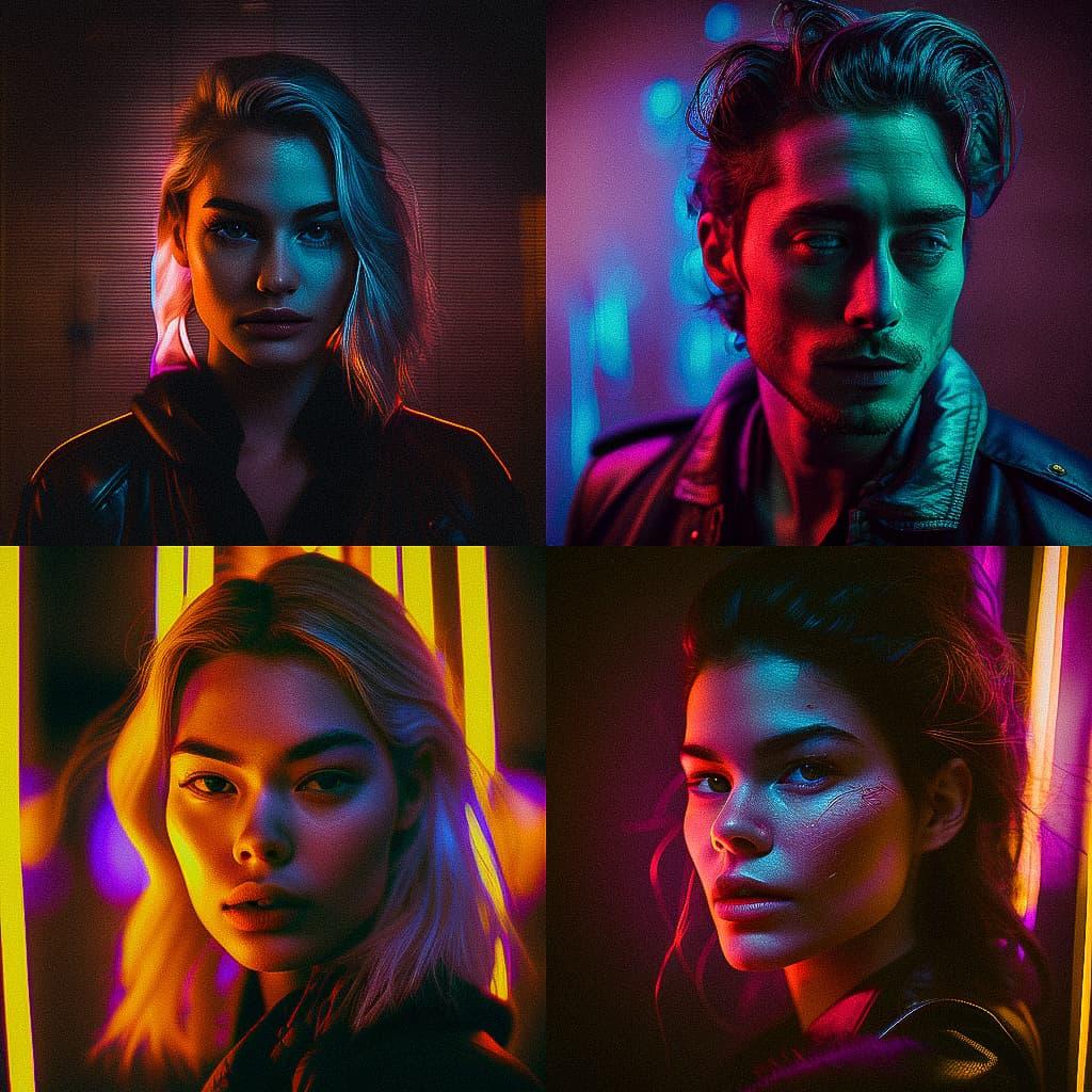 Portrait shot with neon lighting style, Midjourney V4, render 1 of 4