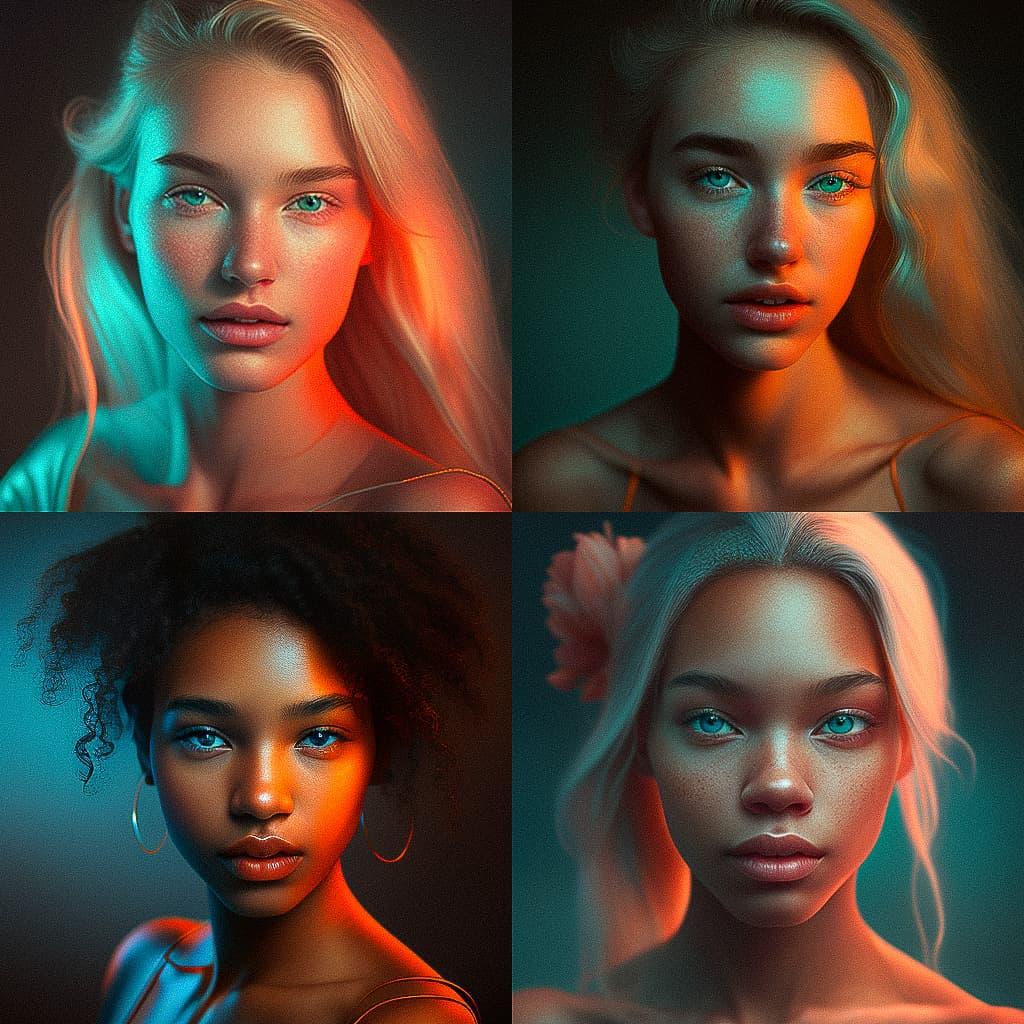 Portrait shot with peach and cyan lighting style, Midjourney V4, render 1 of 4